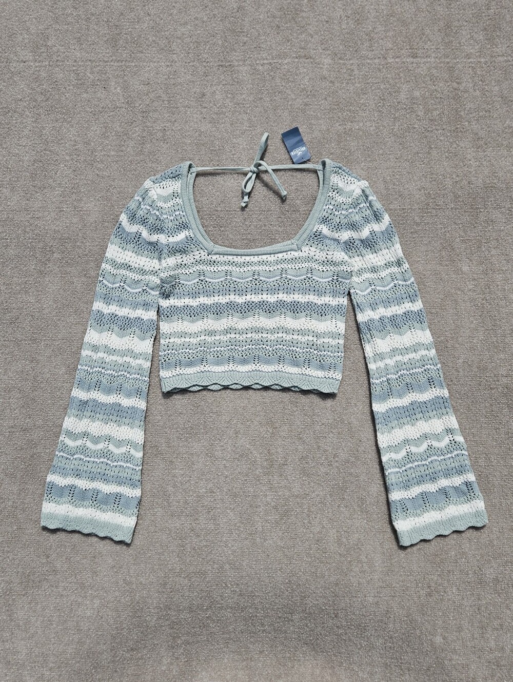 NWT Hollister Square Neck Long Bell Sleeve Striped Crochet Crop Summer Festival